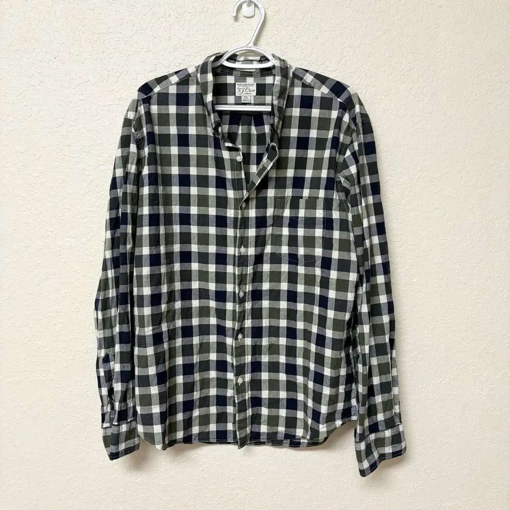 J Crew Mens Slim Untucked Stretch Button Down Shirt Plaid Size XL Organic Cotton